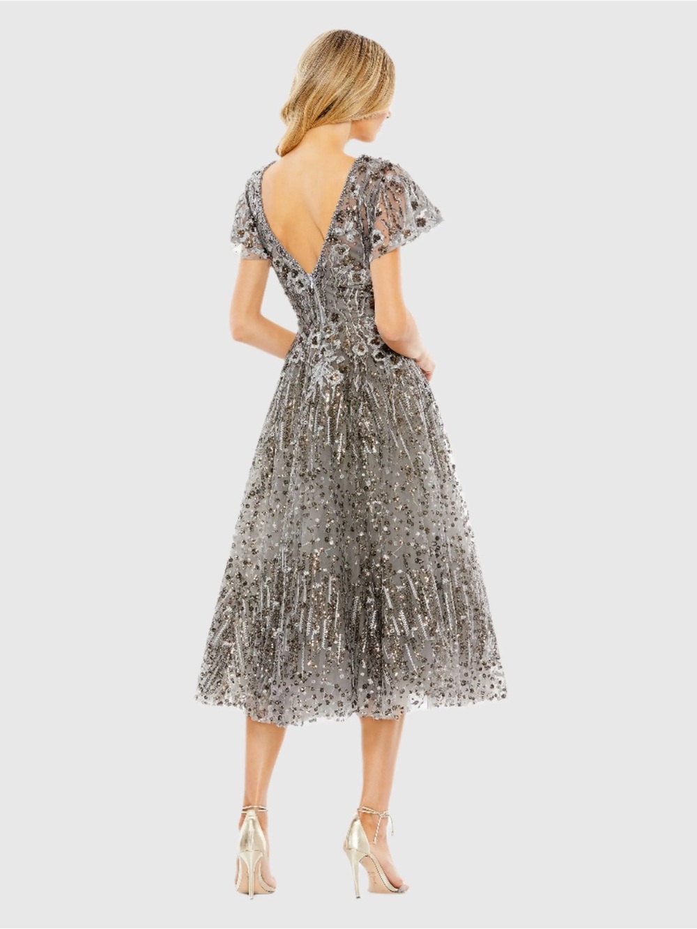 MAC DUGGAL Gray Embellished Butterfly Fit and Flare Midi Dress 20392 size 16 - Picture 2 of 9